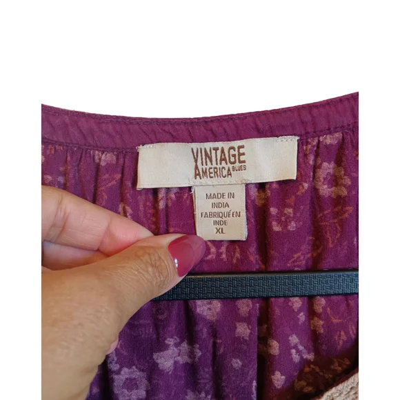 CLEARANCE SALE!! Vintage America Maroon/Purple and Tan Floral Blouse - Picture 2 of 7